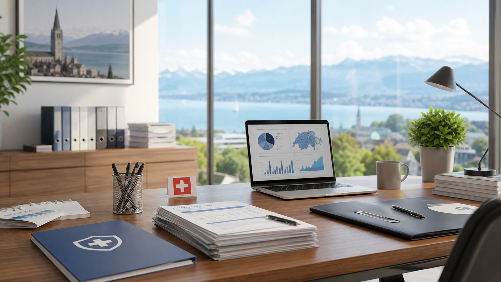 Bureau suisse moderne avec documents d'assurance maladie et comparaison LAMal